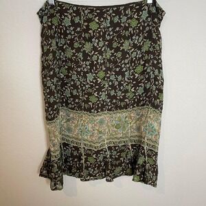 Jones New York Floral 100% Silk Skirt Midi Brown 16 Bohochic Feminine‎ Fairy Y2k